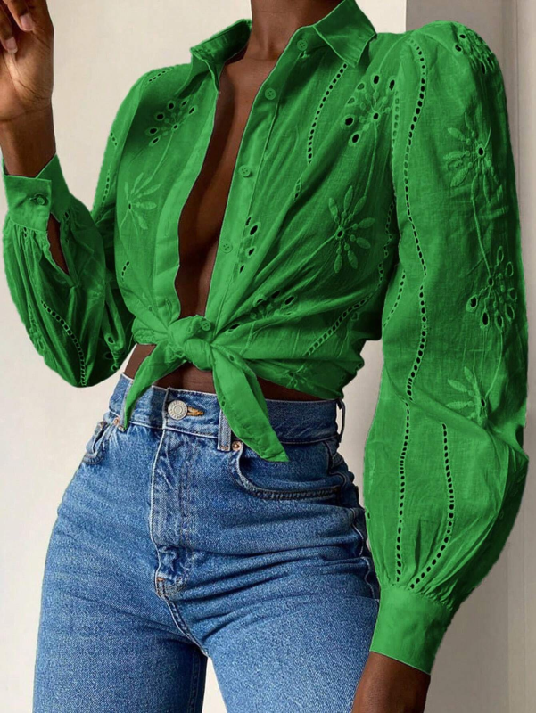 New Single Breasted Solid Color Embroidered Long Sleeve Lapel Shirt (11472173695244)