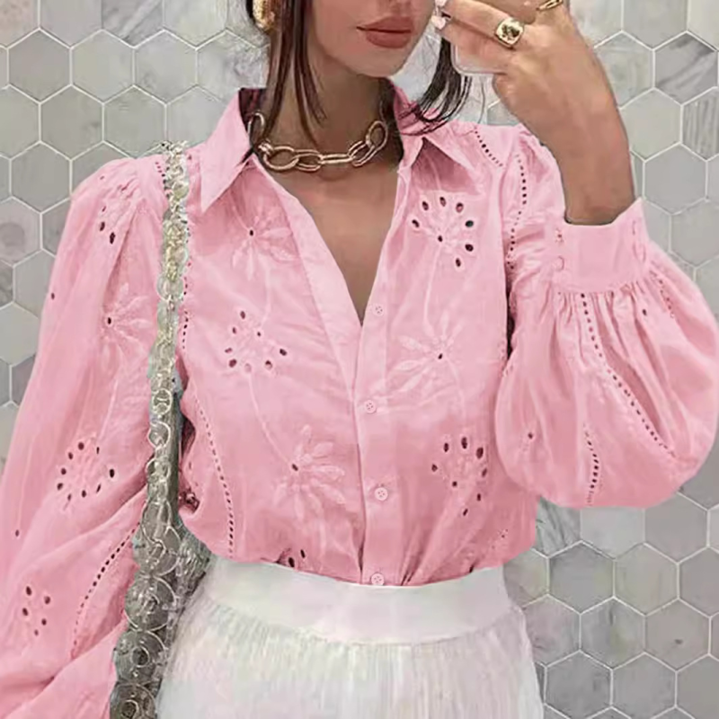 New Single Breasted Solid Color Embroidered Long Sleeve Lapel Shirt (11472173695244)