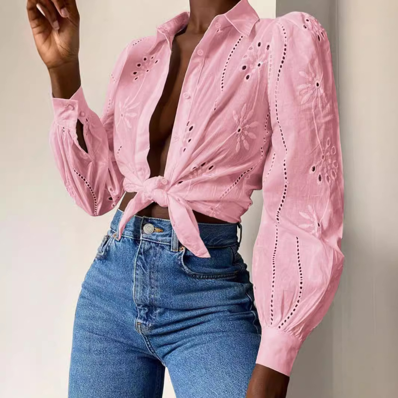New Single Breasted Solid Color Embroidered Long Sleeve Lapel Shirt (11472173695244)
