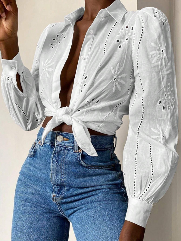 New Single Breasted Solid Color Embroidered Long Sleeve Lapel Shirt (11472173695244)