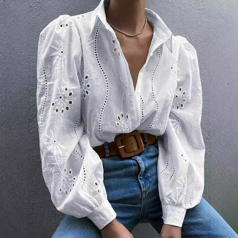 New Single Breasted Solid Color Embroidered Long Sleeve Lapel Shirt (11472173695244)