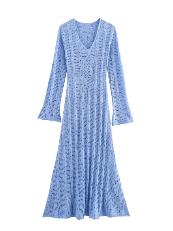 Women's Vacation Long Sleeve Long Knit Dress (11472173367564)