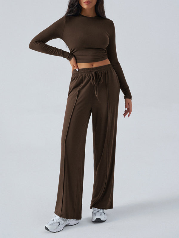 Women's Crew Neck Long Sleeve Top Wide Leg Pants Set (11472173498636)