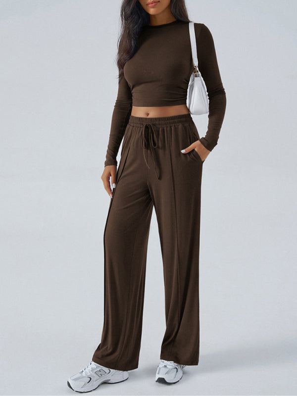 Women's Crew Neck Long Sleeve Top Wide Leg Pants Set (11472173498636)