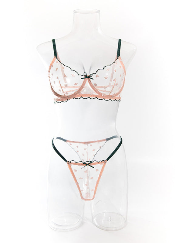 Sexy bra set with playing card pattern embroidery, transparent lace, underwire, gathered Underwear set (11475869401356)