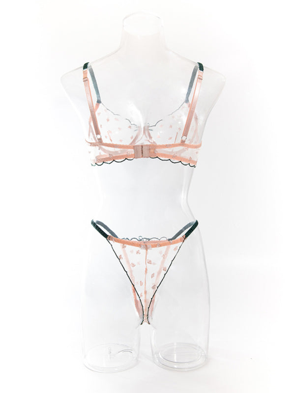 Sexy bra set with playing card pattern embroidery, transparent lace, underwire, gathered Underwear set (11475869401356)