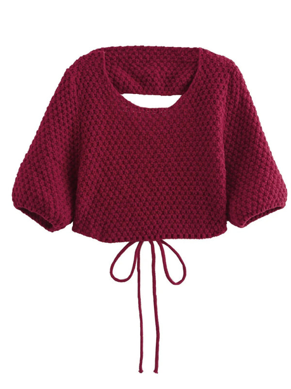 New Backless Knitted Drawstring Cropped Sweater (11472313155852)