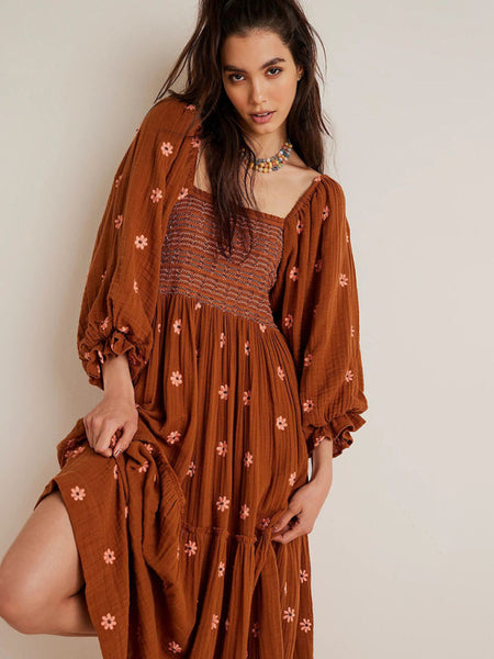 New Casual Embroidered Square Neck Sunflower Brown Dress (11466942775564)