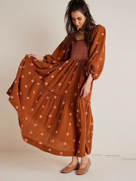 New Casual Embroidered Square Neck Sunflower Brown Dress (11466942775564)