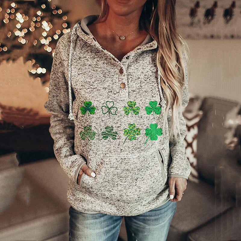 Women's St. Patrick's Irish Day Hooded Buttoned Long Sleeve Sweatshirt