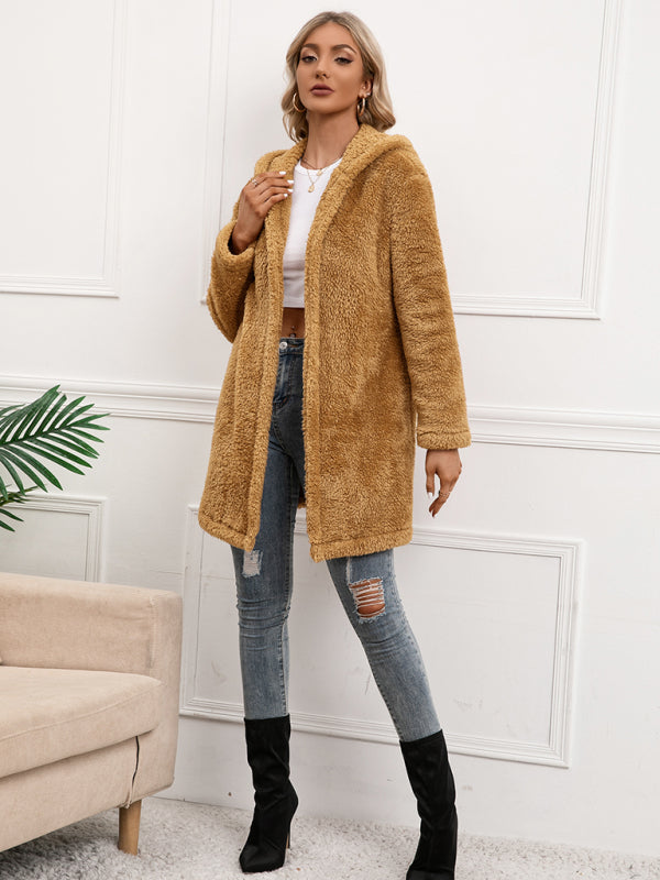 Lammfleece Mid Länge Strickjacke mit Kapuze Trenchcoat