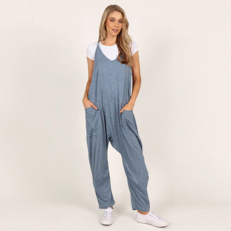 Übergroßer Oversized-Jumpsuit mit zwei Taschen aus Strick in Blau