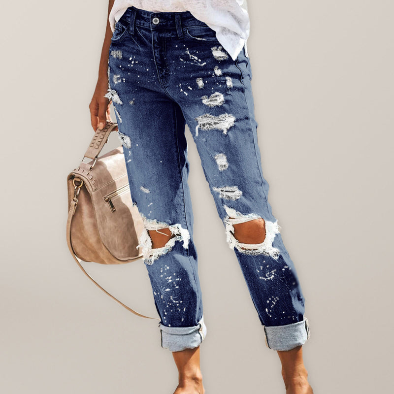 Denim-Jeans im Five-Pocket-Stil, zerrissen, mit Bündchen