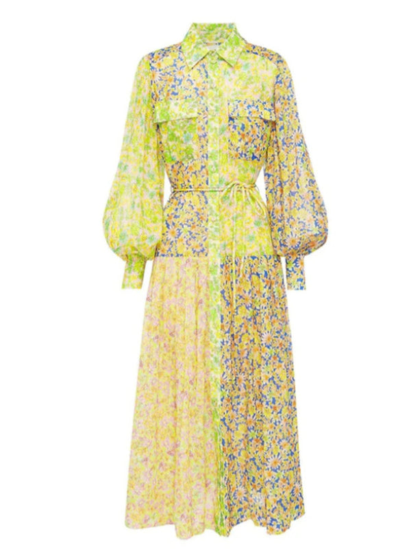 Kleid mit floralem Farbblock und Laternenärmeln